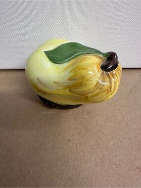 Pierre Deux Hand-Painted Yellow Ceramic Fruit Accent with Green Leaf